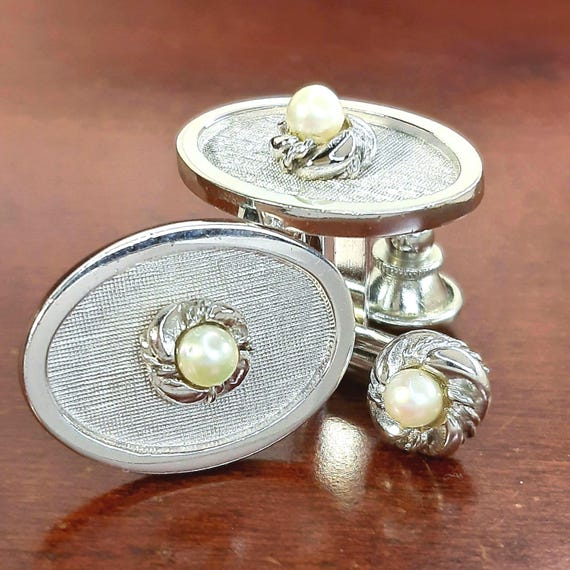 Vintage Pearl Cufflinks and Tie Tack Set, 1960's Silver Tone 3