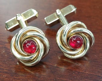 Vintage Knot Cufflinks, 1940's Swank, French Twist or Rose Swirl, Gold & Red Garnet Glass Accent Cuff Link Accessory for Wedding, Groom Gift