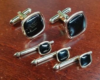 Conjunto de gemelos de boda vintage, conjunto Swank de 5 piezas de la década de 1960, acento negro en tono dorado, botones de esmoquin y tachuelas de camisa, regalo de boda formal para el novio