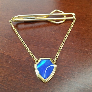 Vintage Tie Chain, 1930&#39;s 12K Gold Filled Tie Clasp, Blue Glass Pendant, Elegant Mens Jewelry, Formal Tie Accessory Gift for Groom, Wedding