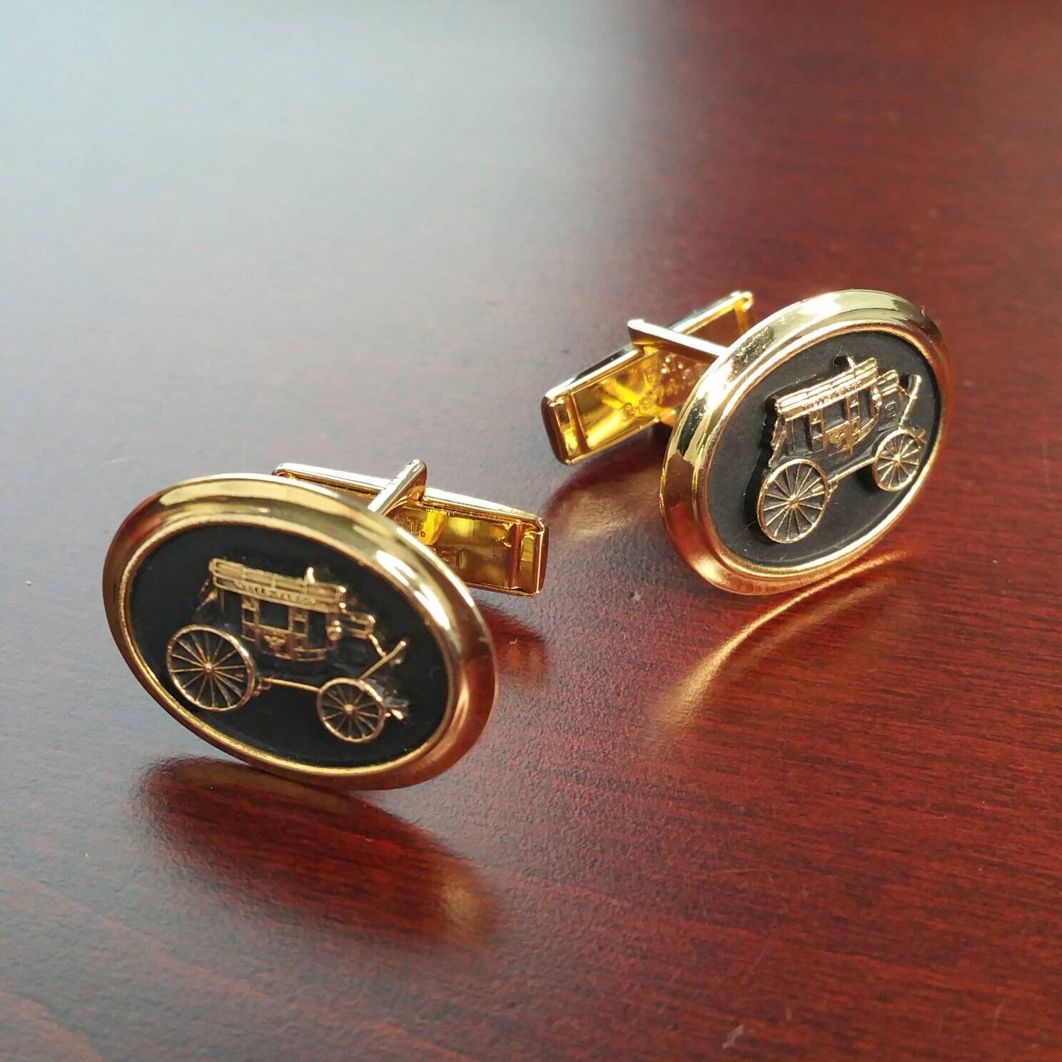 Vintage Wells Fargo Stagecoach Cufflinks, Gold Tone & Black Enamel, WF