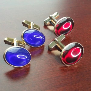 Vintage 1940's Cufflinks, 2 Pair Cherry Red Blue Lucite Cabochon, Gold Tone, Swank, Flashy, Colorful Glass Cuff Links for Wedding, Formal
