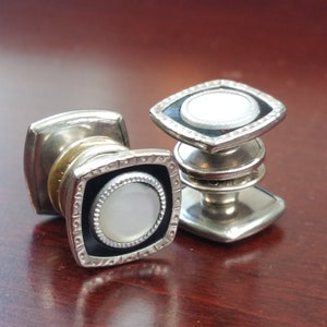 Vintage 1920's Snap Cufflinks, Snap Link Buttons, Silver Tone Mother of Pearl, Black Celluloid, Square Double Sided, MoP Antique Cuff Links