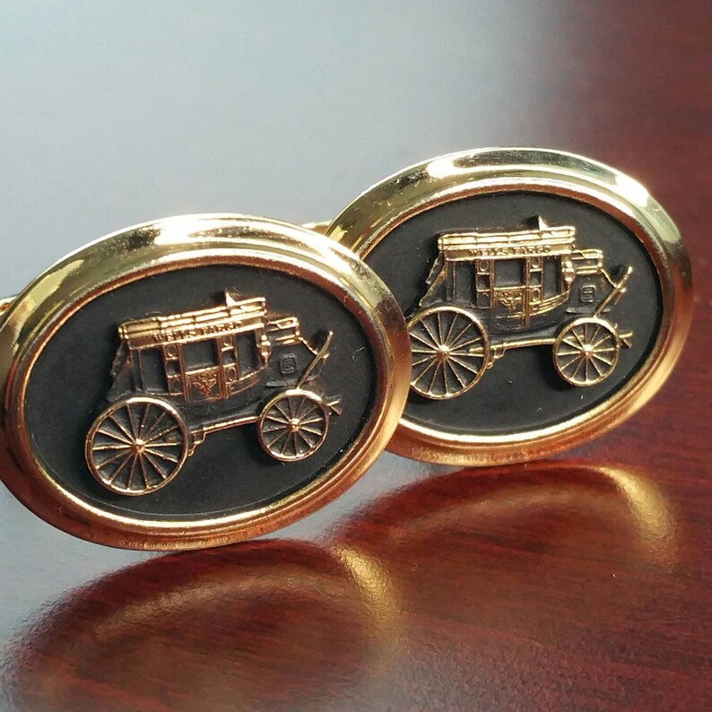 Vintage Wells Fargo Stagecoach Cufflinks, Gold Tone & Black Enamel, WF