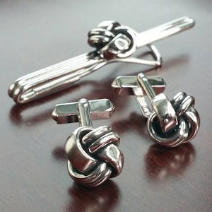 Vintage Love Knot Cufflinks & Tie Clip, 1950&#39;s Swank Infinity Weave, Silver Tone 3 Piece Set Formal Suit Accessories. Gift for Wedding Groom