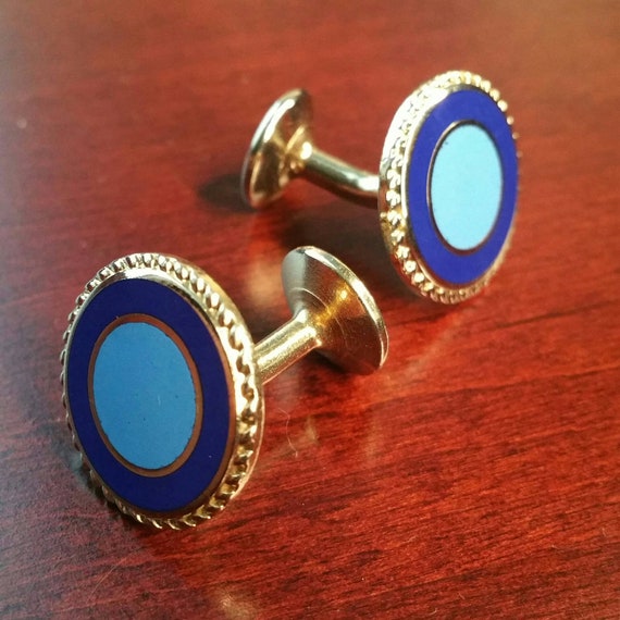 Vintage Cufflinks Gold Tone and Blue Enamel, Roun… - image 2