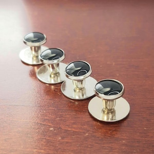 Vintage 4 Piece Tuxedo Shirt Studs, Silver Tone Metal and Black Accent, Tuxedo Accessory, Dress Cuff Link Shirt Stud for Wedding, Black Tie