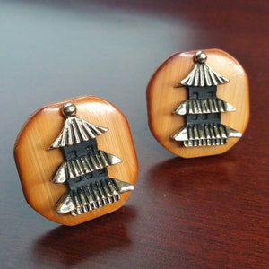Vintage Bamboo Cufflinks, 1950&#39;s Swank Wooden Cuff Link Accessories, Japanese Pagoda, Asian Temple, Formal Oriental Wedding Gift for Groom