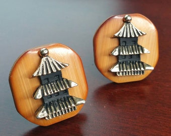 Gemelli vintage in bambù, accessori per gemelli in legno Swank anni &#39;50, pagoda giapponese, tempio asiatico, regalo di nozze orientale formale per lo sposo