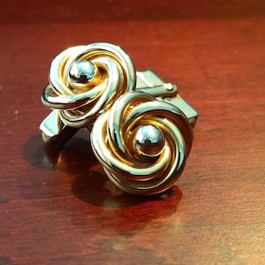 Vintage Rose Swirl Cufflinks, 1940&#39;s 50&#39;s Swank, Two Tone Gold and Silver, Flower Knot Design, Formal Cuff Link Accessory for Wedding, Groom