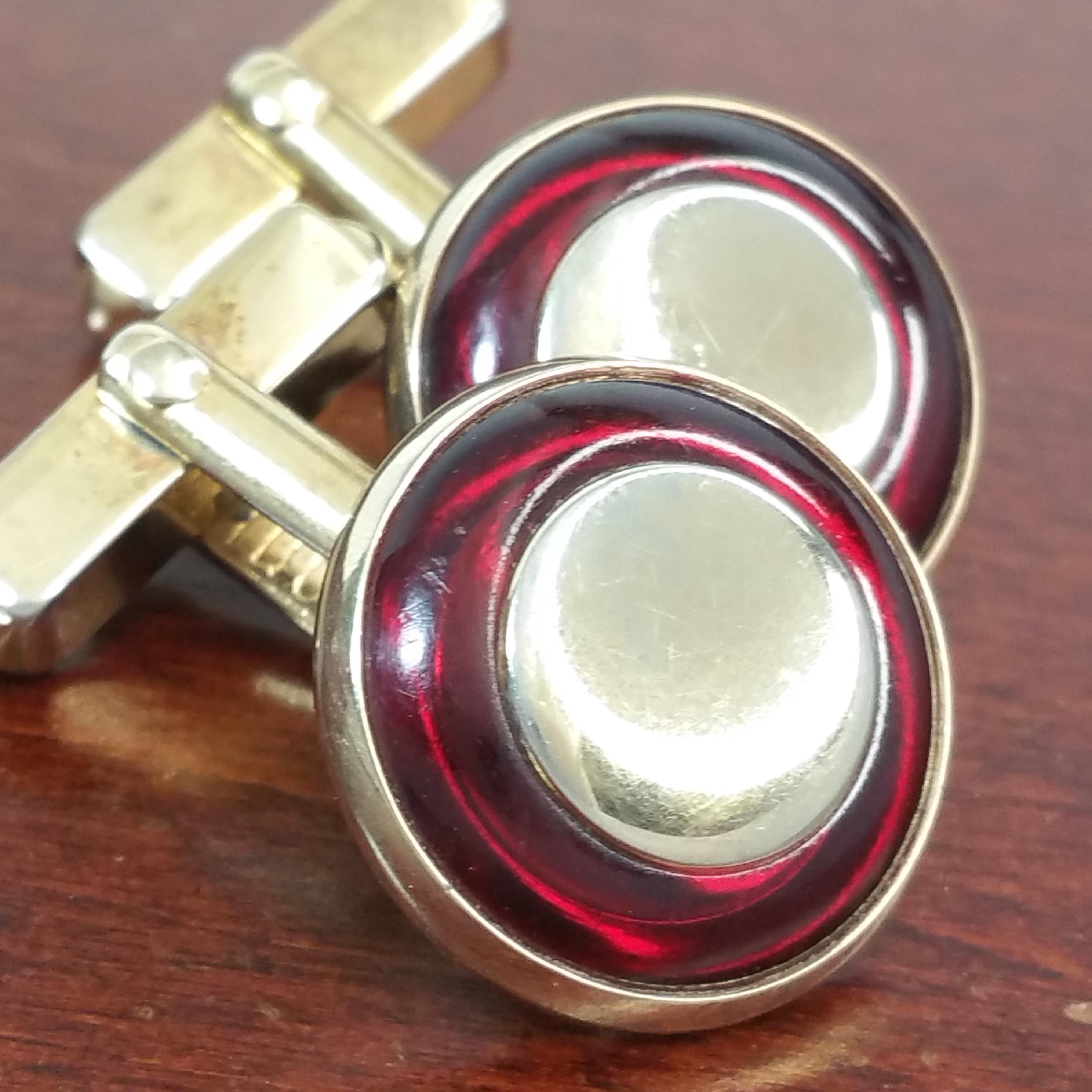 Boutons De Manchette Vintage Argent Des Années 50, émail Rouge, Style Bas - Bijou Ancien Chic