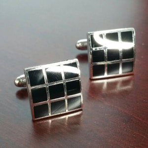 Vintage Cufflinks, Sterling 925 Silver, Square Black Onyx Stone, Formal Dress Cuff Link Suit Accessory for Wedding Groom, Tuxedo, Black Tie