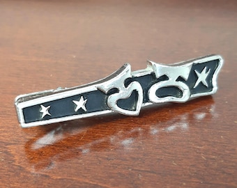 Vintage Comedy Tragedy Mask Tie Clip, 1960s Theater Tie Bar, Black Enamel Silver Tone, Retro Mens Accessory, Actor Gift