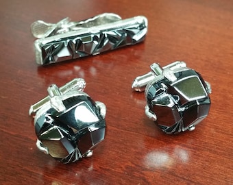 Vintage Hematite Cufflinks and Tie Clip 3 Piece Set, Sarah Coventry, Black Metallic Glass, Silver Tone, Grey Geometric Stone, Gift for Groom