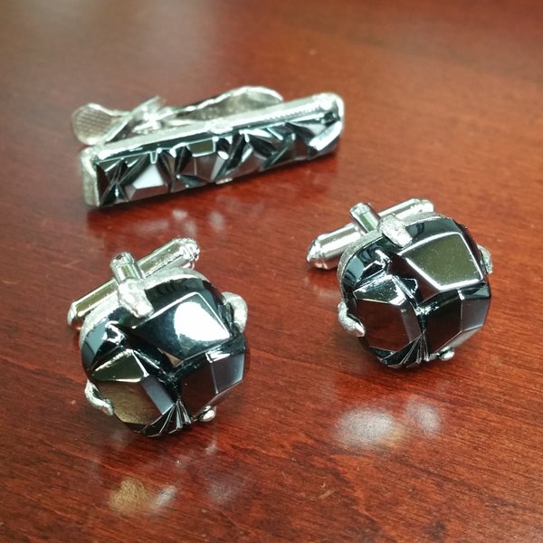 Vintage Hematite Cufflinks and Tie Clip 3 Piece Set, Sarah Coventry, Black Metallic Glass, Silver Tone, Grey Geometric Stone, Gift for Groom