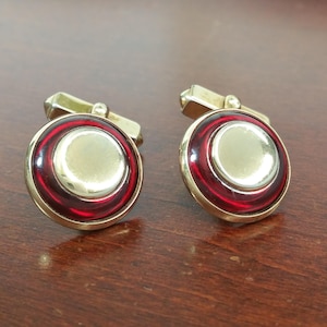 Vintage Cherry Red Cufflinks, 1940&#39;s 50&#39;s Swank, Red Lucite Accent, Gold Tone Classic Cuff Links for Wedding, Formal Menswear Gift for Groom