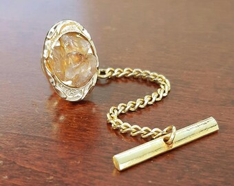 Raw Quartz Crystal Tie Tack, Gold Plated Vintage Tie Pin, Mid Century Organic Stone Jewelry, Textured Nugget Style, Statement Accessory