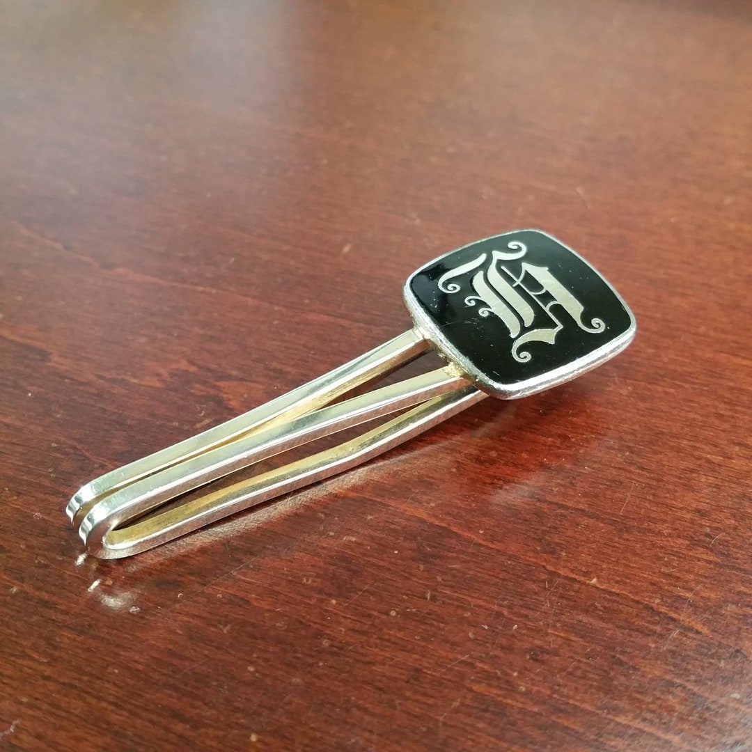 Pince à Cravate Vintage Argentée Des Années 50-60, Avec Initiale H Gravée, Très Bon état