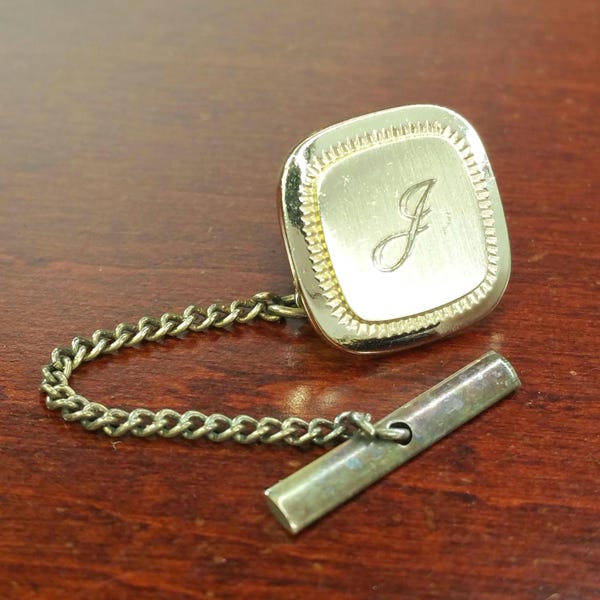 Vintage Letter G Tie Tack, 1950's Tie Accessory, Script Engraved Initial G Monogram Tie Pin, Polished & Brushed Gold Personalized Name Gift