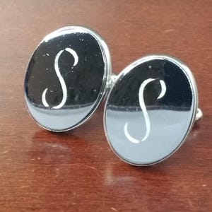 Vintage Initial &quot;S&quot; Cufflinks, Letter S Monogram Script Engraved, Anodized Steel, Silver Tone, Personalized Formal Suit Accessories Gift