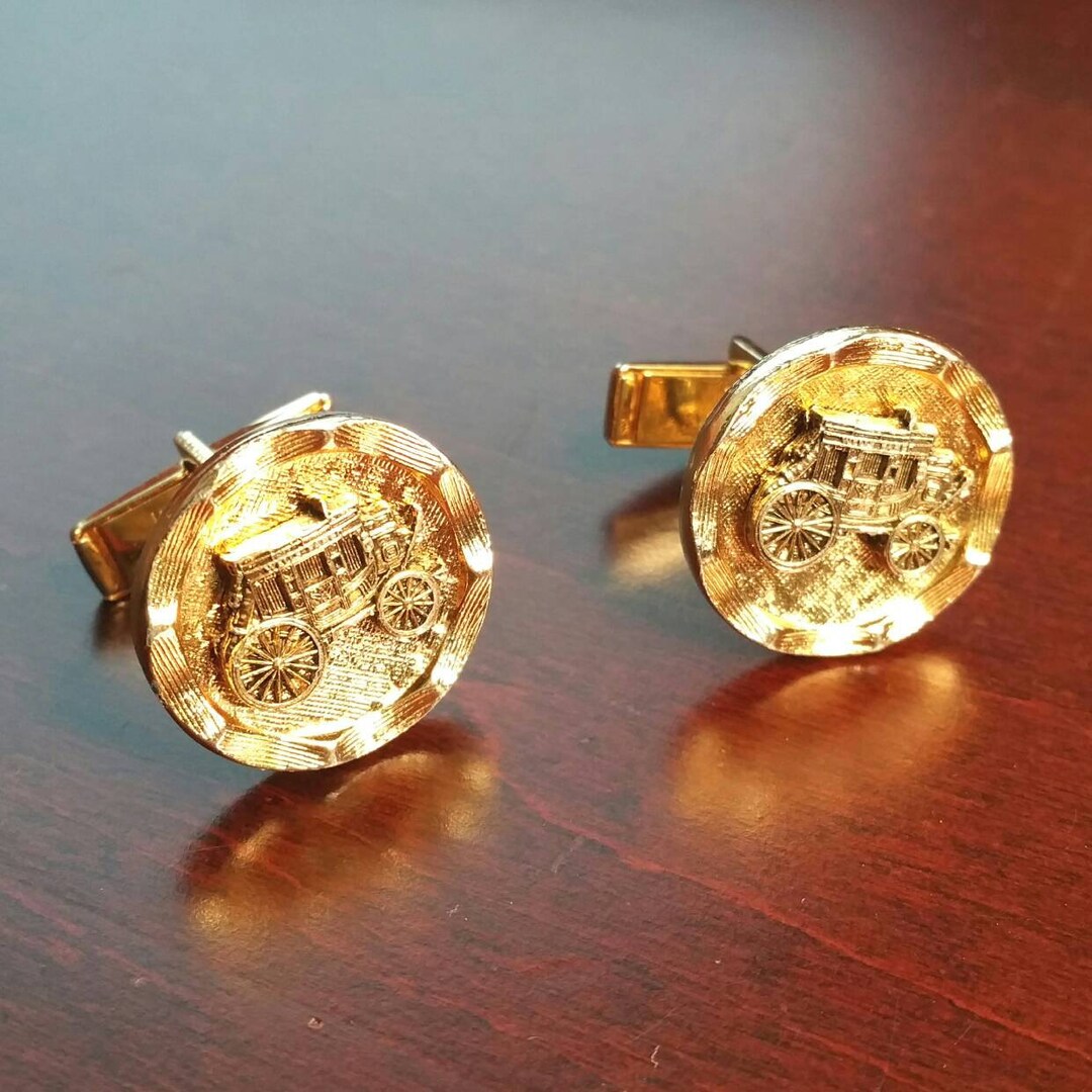 Vintage Wells Fargo Cufflinks, Gold Plated Stagecoach Logo, Formal