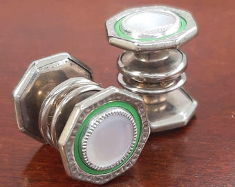 Vintage 1920's Snap Cufflinks, Green Celluloid, Silver Tone Mother of Pearl Snap Link, MoP Front, Octagonal Double Sided Antique Cuff Button