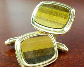 Boutons De Manchette (cufflinks) Vintage Années 1960 - Or Et œil De Tigre - Logo 'S' Dans Un Bouclier
