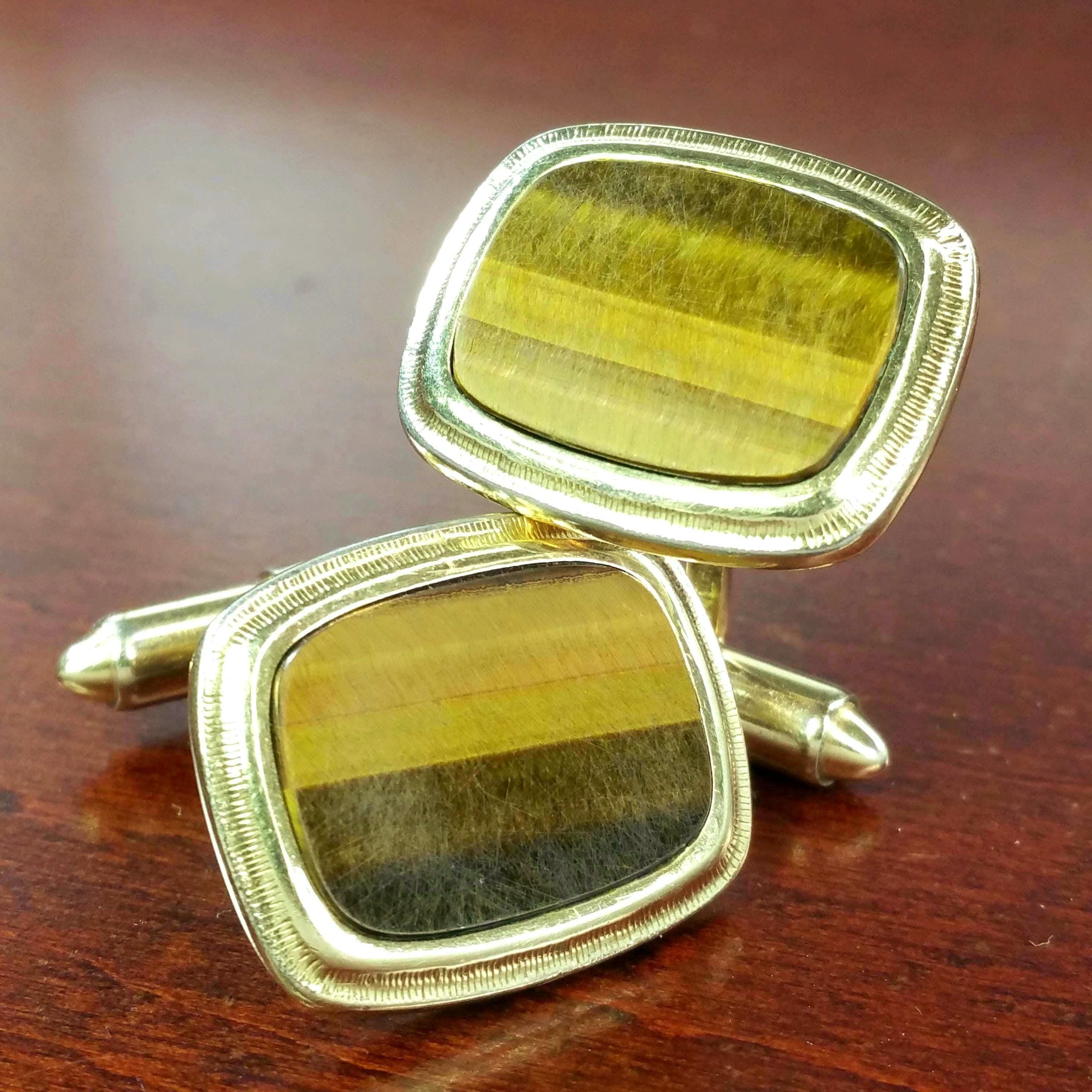 Paire De Boutons De Manchette Vintage Années 40/50 - Œil De Tigre, Monture Or - Pour Homme