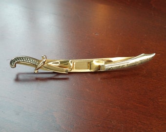 Vintage Sword Tie Bar, 1950's Swank Cutlass Tie Clip, Dual Tone Silver Gold, Pirate Scimitar, Stylized Tie Clip for Wedding, Groom, Birthday