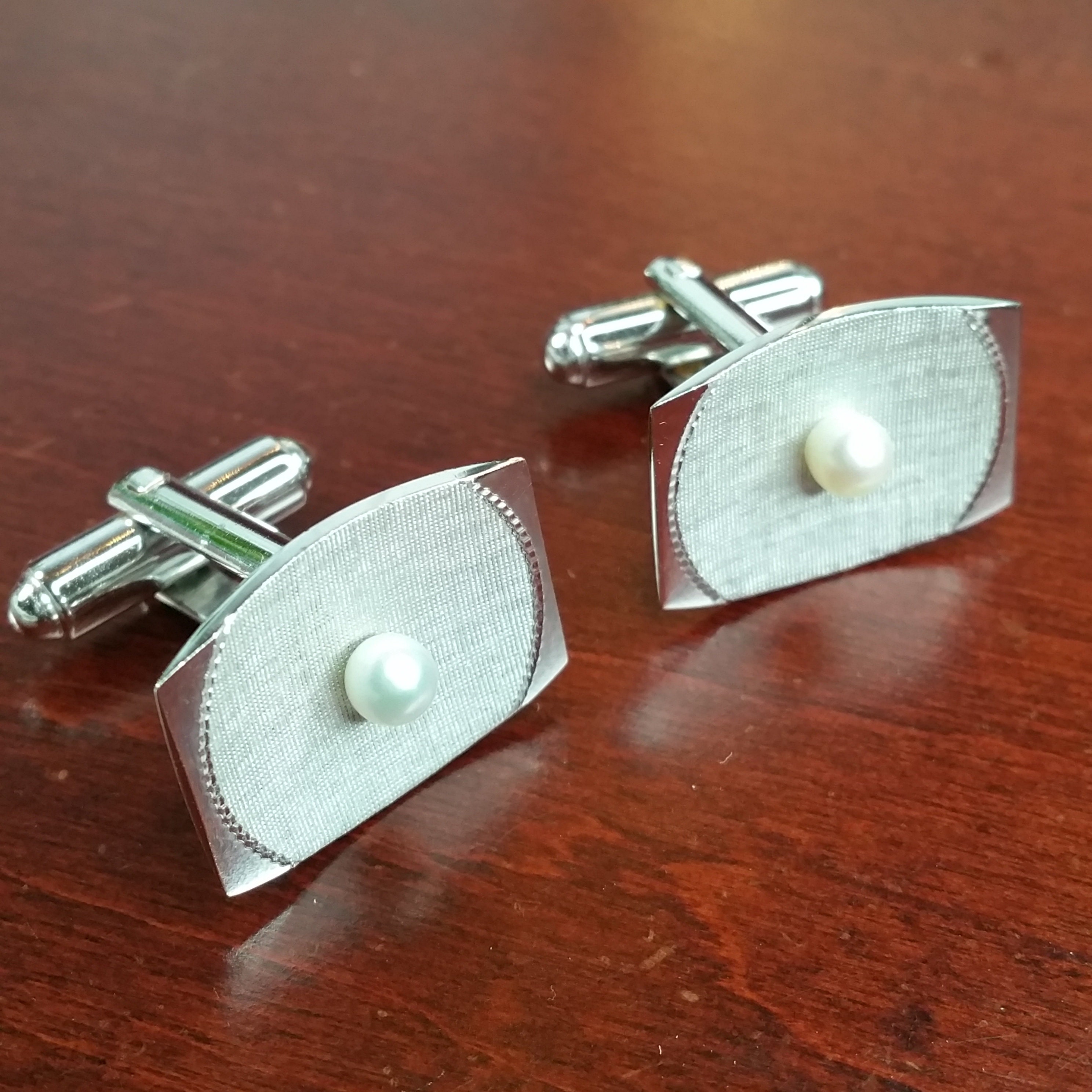 Vintage Pearl Cufflinks, 1960's Suit Accessories, Genuine Pearl Solitaire, White Metal Plated, Mid Century Evening Formal Gift for Groom