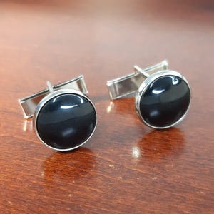 Vintage Tuxedo Cufflinks, Silver Tone & Black Accent Suit Accessories, Minimalist Round Formal Tux Buttons for Wedding Groom, Groomsman Gift