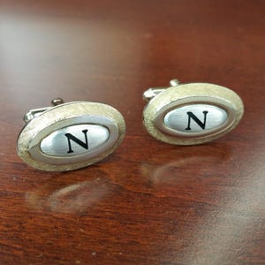 Vintage Cufflinks, 1950&#39;s Suit Accessories, Monogram N Cuff Links, Oval Buttons, Brushed Metal, Black Letter N Initial, Personalized Gift