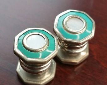 Boutons De Manchette Octogonaux Vintage - Nacre Et Métal Argenté - Occasion