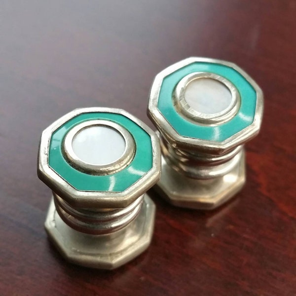 Boutons de manchette vintage des années 1920, celluloïd bleu sarcelle, bouton de manchette en nacre argentée, devant serpillère, bouton de manchette ancien octogonal double face