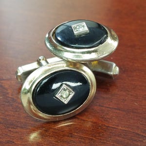 Vintage Cufflinks, 1950's Anson Gold Plate, Black Cabochon & Rhinestone Cuff Link, Formal Suit Accessory, Tuxedo Wedding Cufflinks for Groom