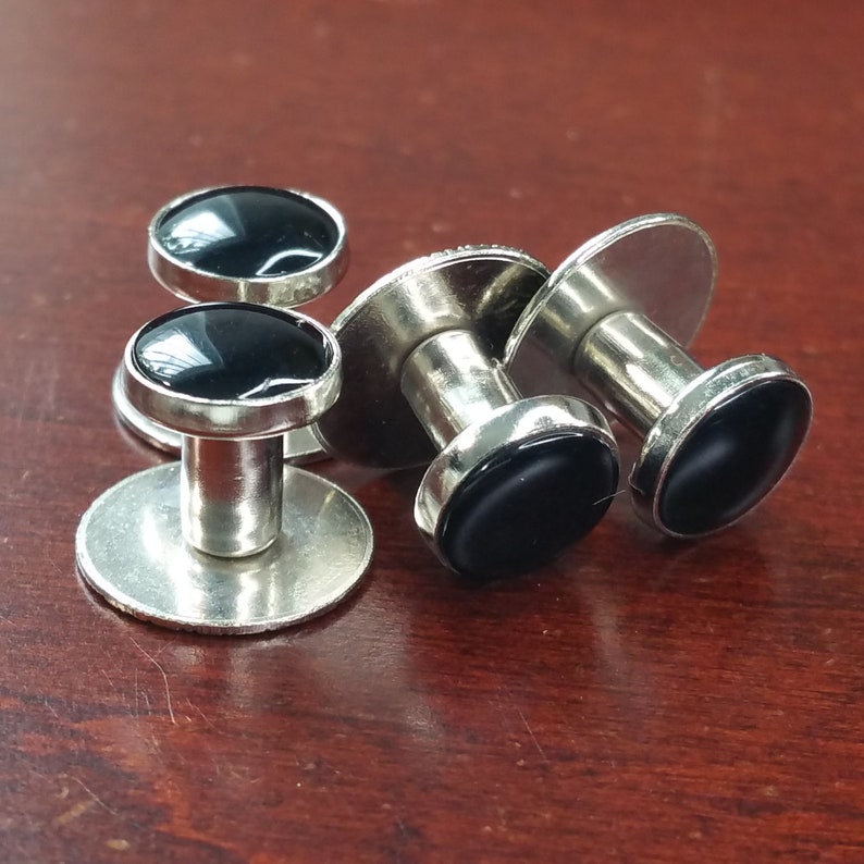 Vintage 4 Piece Tuxedo Shirt Studs, Silver Tone Metal and Black Accent, Tuxedo Accessory, Dress Cuff Link Shirt Stud for Wedding, Black Tie image 3