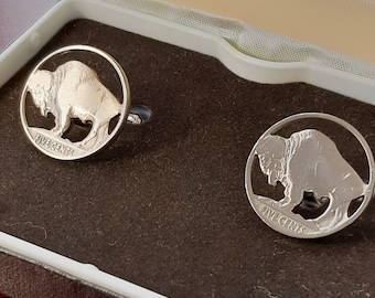 Vintage Buffalo Nickel Cufflinks, Carved Openwork USA Cut Coin Suit Accessories, Gift for Coin Collector, Formal Americana Gift for Groom