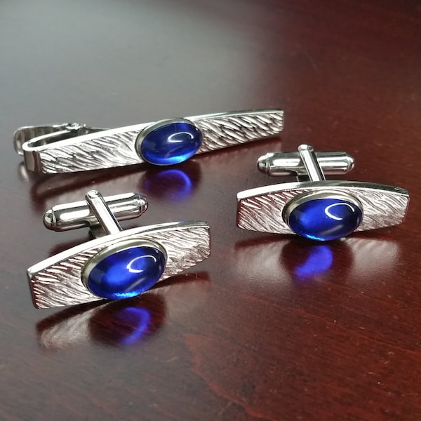 Vintage Cufflinks and Tie Clip, 1960's Anson Sapphire Blue Glass Stones, Textured Silver Tone, Something Blue, 3 Piece Set Suit Accessories