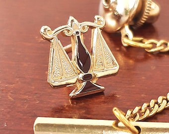 Vintage Lawyer Tie Tack, Scales of Justice Tie Pin with Chain, Gold Tone Brown Enamel, Legal Gift for Attorney, Mid Century Mens Jewelry