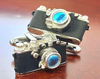 Vintage Camera Cufflinks, Novelty Compact Camera Cuff Link Accessory, Silver Tone Metal, Black Enamel, Blue Lense, Gift for Photographer