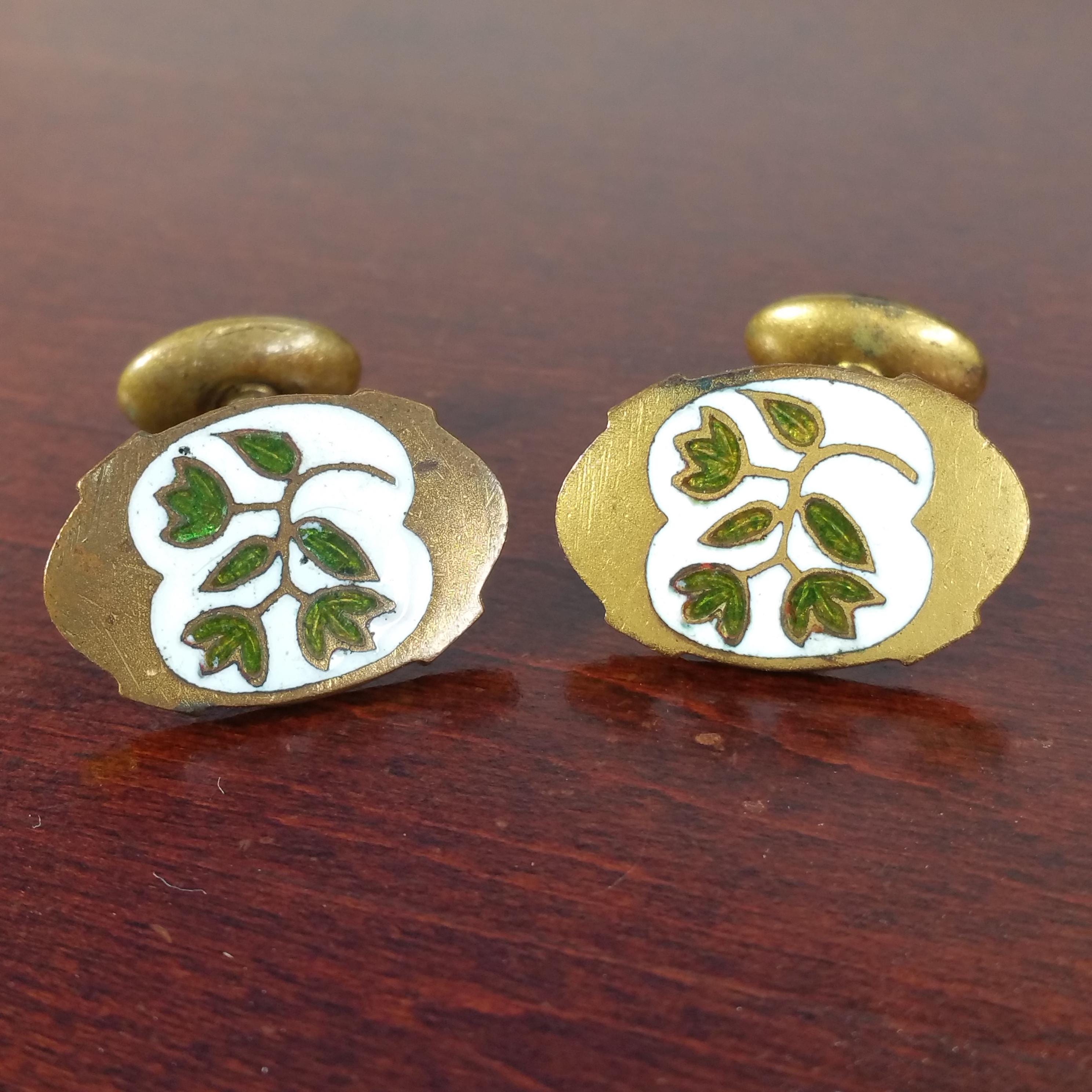 Antique Cufflinks, 1900's Edwardian Era Buttons, Floral Green
