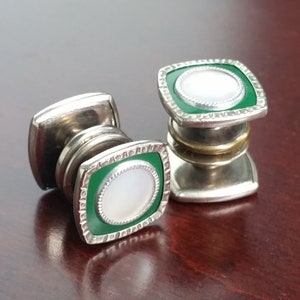 Vintage Snap Cufflinks, 1920's Antique Mother of Pearl Snap Link, Green Celluloid Silver Tone, Square Double Sided Vintage Cuff Link Buttons