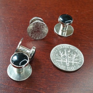 Vintage 4 Piece Tuxedo Shirt Studs, Silver Tone Metal and Black Accent, Tuxedo Accessory, Dress Cuff Link Shirt Stud for Wedding, Black Tie image 6