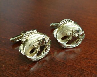 Vintage Bass Cufflinks, 1960's Hickok, Gold Tone Brass Fish Suit Accessory, Salmon, Trout, Gift for Dad, Fisherman, Retirement, Anniversary