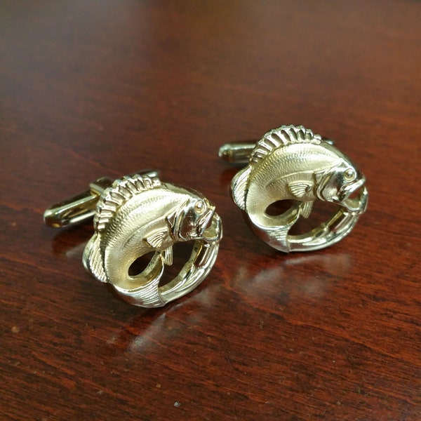 Vintage Bass Cufflinks, 1960's Hickok, Gold Tone Brass Fish Suit Accessory, Salmon, Trout, Gift for Dad, Fisherman, Retirement, Anniversary