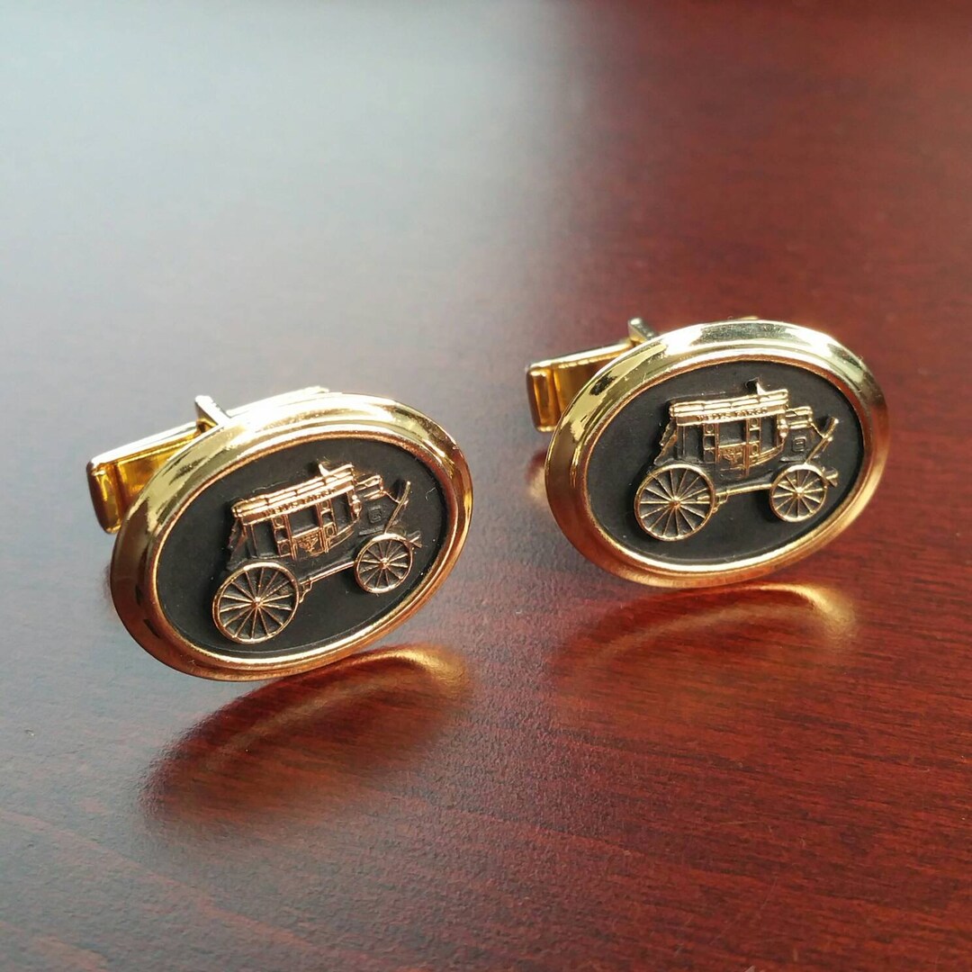 Vintage Wells Fargo Stagecoach Cufflinks, Gold Tone & Black Enamel, WF