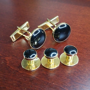Vintage Tuxedo Cufflinks & Studs, 5 Piece Formalwear Tux Accessory Dress Set, Gold Tone Black Accent, 3 Piece Shirt Studs for Wedding Groom