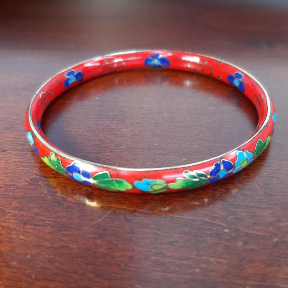 Red Floral Cloisonné Bangle Bracelet Vintage Cloisonne Bangle Bracelet, Red Floral Enamel  main image 3