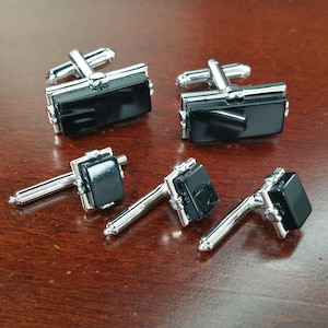 Vintage Tuxedo Cufflinks & Studs, 5 Piece Formal Tux Cuff Link Set, Silver Tone Metal and Black Lucite Studs for Wedding, Formal Menswear