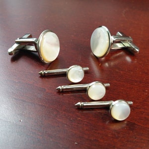 Vintage Tuxedo Cufflinks & Studs, 1940s Hickok 5 Piece Tux Set, Round Mother of Pearl, Silver Tone Shirt Studs for Wedding, Black Tie Formal